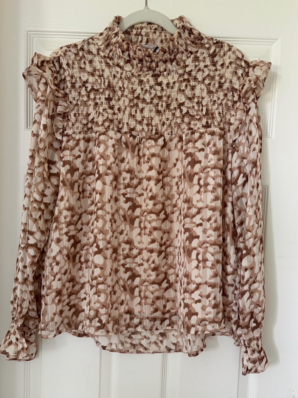 THML Brown and Cream Animal Pront Smocked High-Neck Printed Blouse